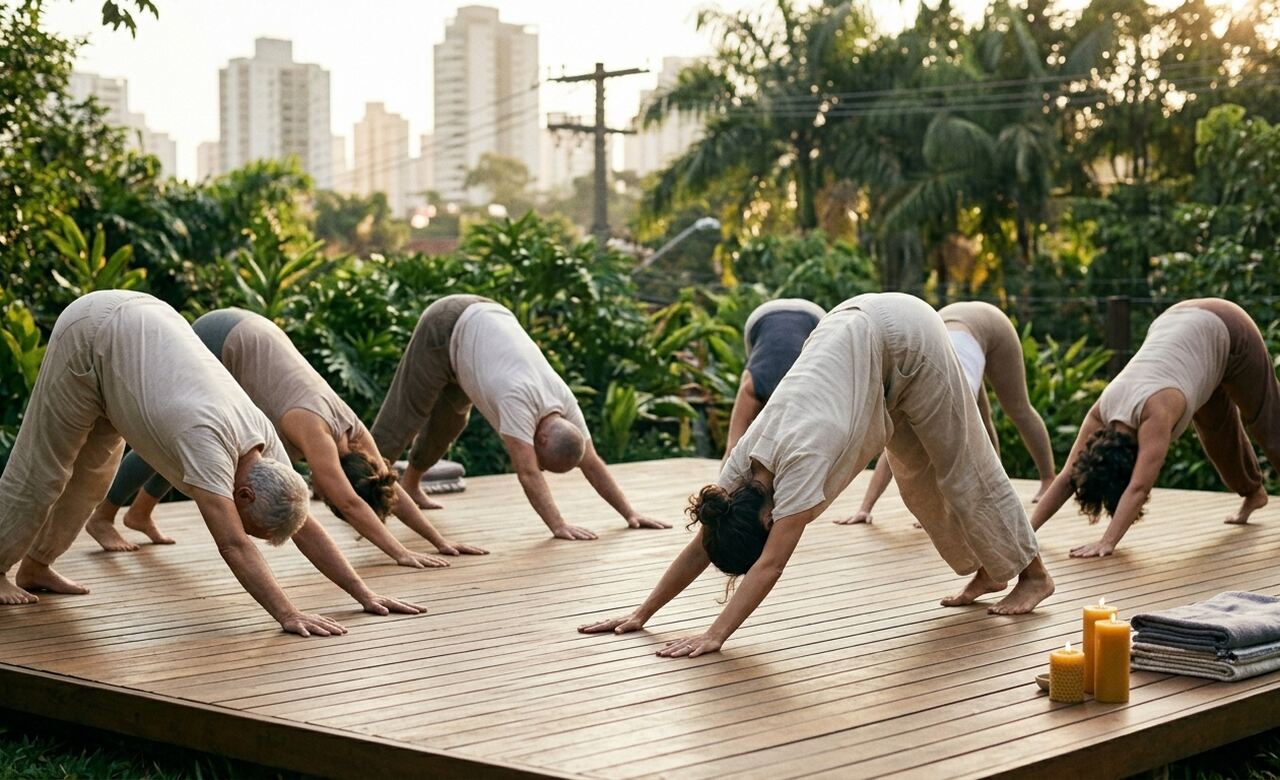 Pessoa praticando yoga em ambiente tranquilo e iluminado.